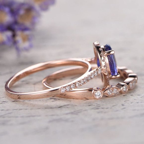 *NEW 18K Rose Gold Amethyst Diamond Halo Ring Set - Picture 5 of 5